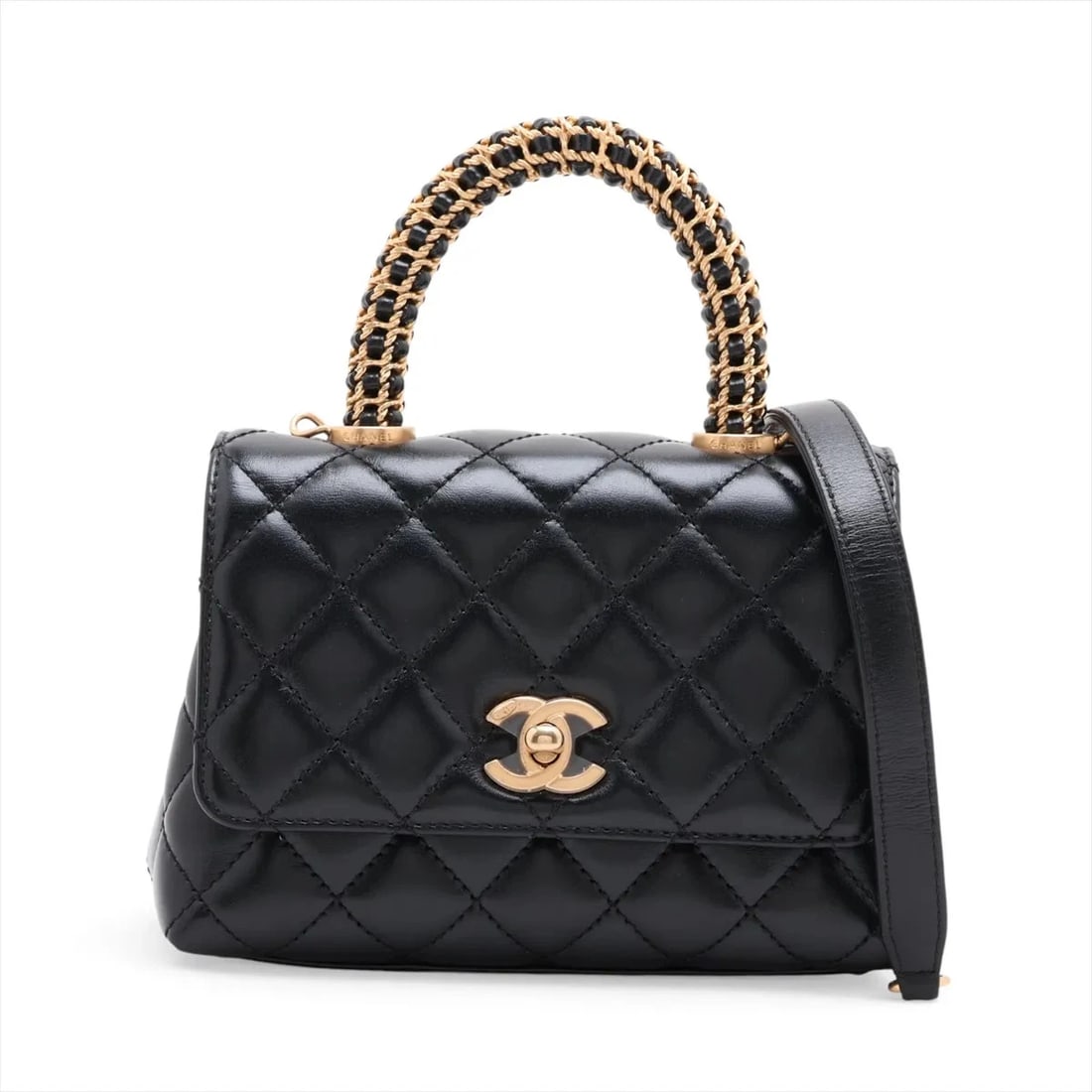 CHANEL COCO HANDLE 19 XXS LAMBSKIN 2 WAY HANDBAG: Chanel Coco handle 19 XXS Lambskin 2 Way Handbag Brand: Chanel Type/Style: Top Handle Bag Material: Lambskin Color: Black Size: Height:4.7inchLength:7.3inchDepth:3.3inch Accessories: None