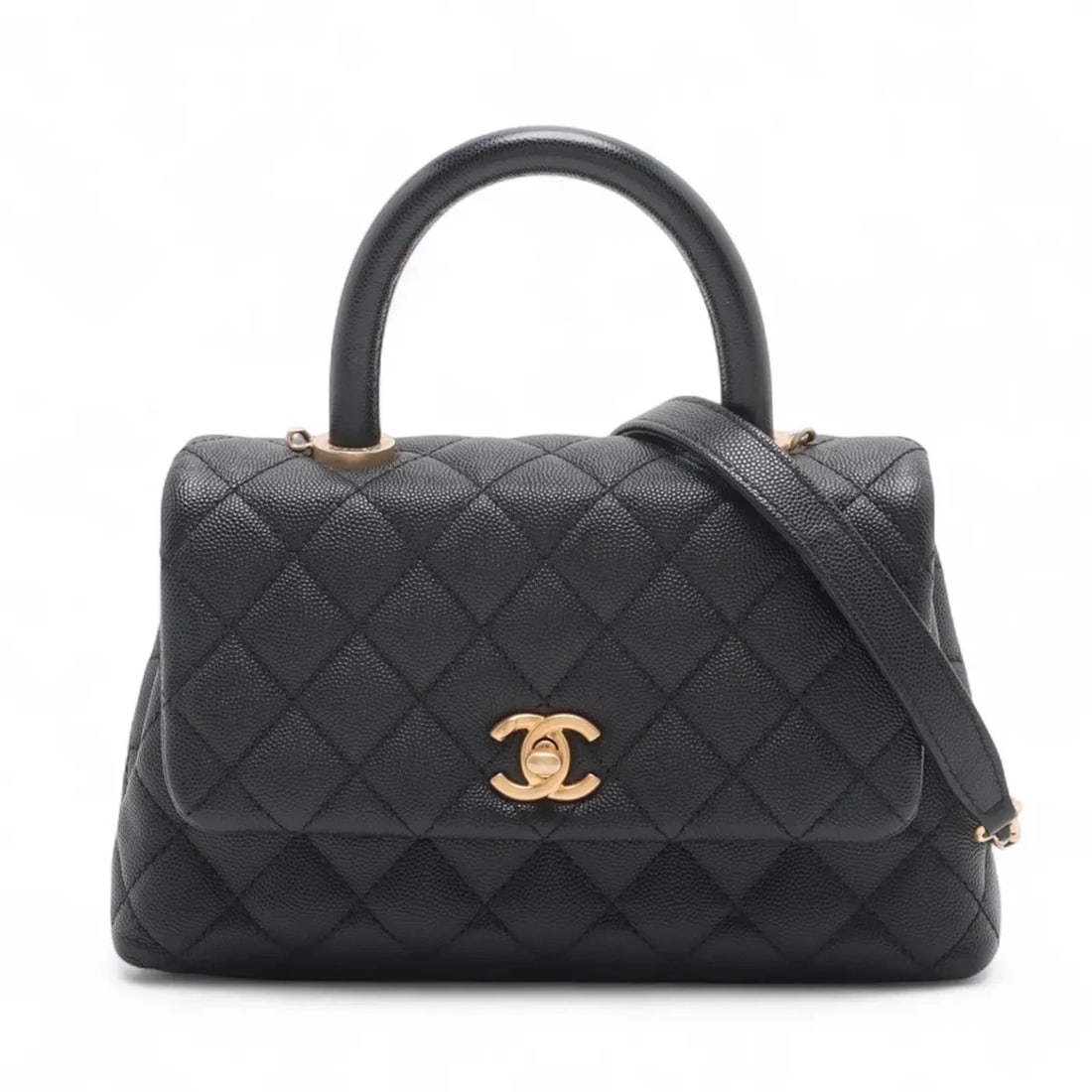 CHANEL COCO HANDLE 24 XS CAVIAR SKIN 2 WAY HANDBAG: Chanel Coco handle 24 XS Caviar Skin 2 Way Handbag Brand: Chanel Type/Style: Top Handle Bag Material: Caviar Skin Color: Black Size: Height:5.3inchLength:8.9inchDepth:3.3inch Accessories: None