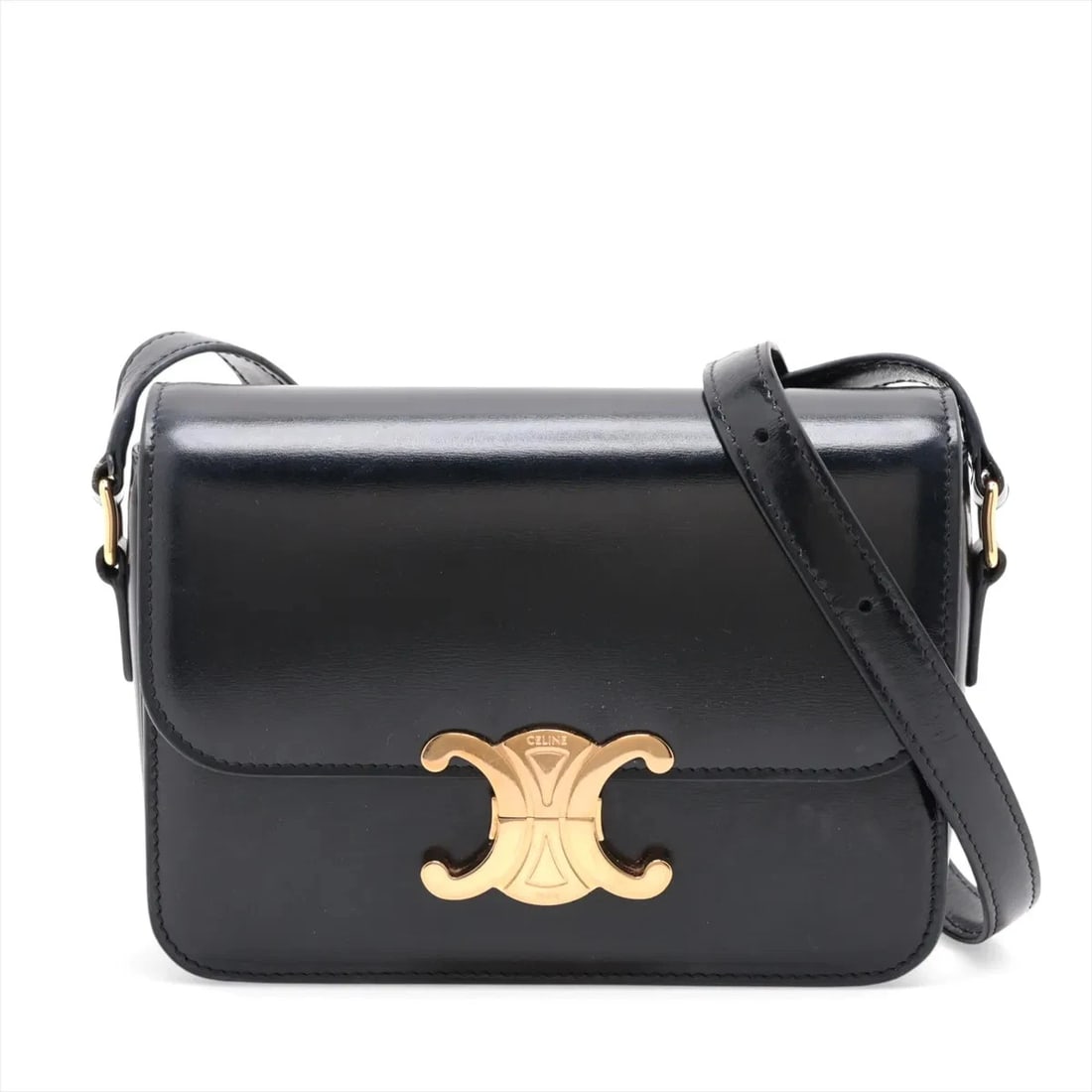 CELINE TRIOMPHE TEEN LEATHER SHOULDER BAG BLACK: Celine Triomphe teen Leather Shoulder bag Black Brand: Celine Type/Style: Shoulder Bag Material: Leather Color: Black Size: Height:5.3inchLength:7.3inchDepth:2.4inch Accessories: None Acce