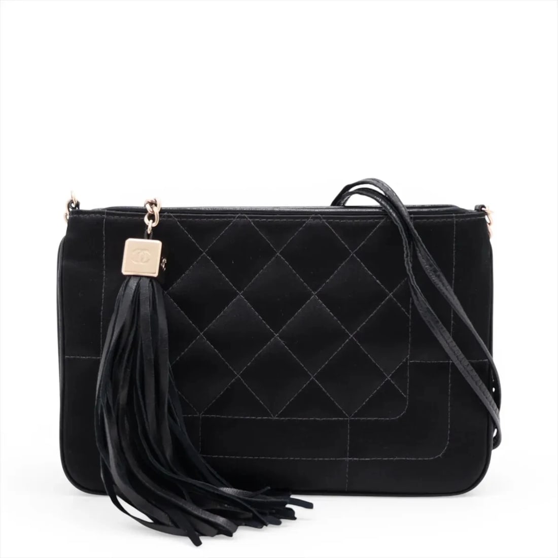 CHANEL COCO MARK SATIN X LEATHER CHAIN SHOULDER BAG: Chanel Coco Mark Satin x Leather Chain Shoulder Bag Brand: Chanel Type/Style: Shoulder Bag Material: Satin x Leather Color: Black Size: Height:5.5inchLength:8.3inchDepth:1.0inch Accessories: None