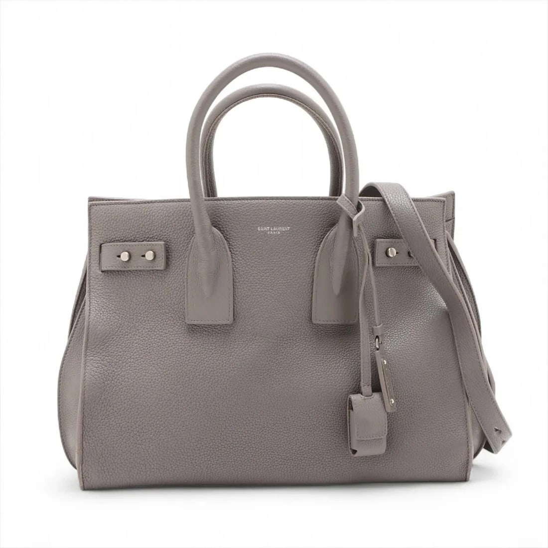 SAINT LAURENT PARIS SACKS DE JULES SUPRU LEATHER 2 WAY HANDBAG: Saint Laurent Paris sacks de Jules Supru Leather 2 Way Handbag Brand: Saint Laurent Paris Type/Style: Top Handle Bag Material: Leather Color: Gray Size: Height:9.4inchLength:12.6inchDepth:7.1inch