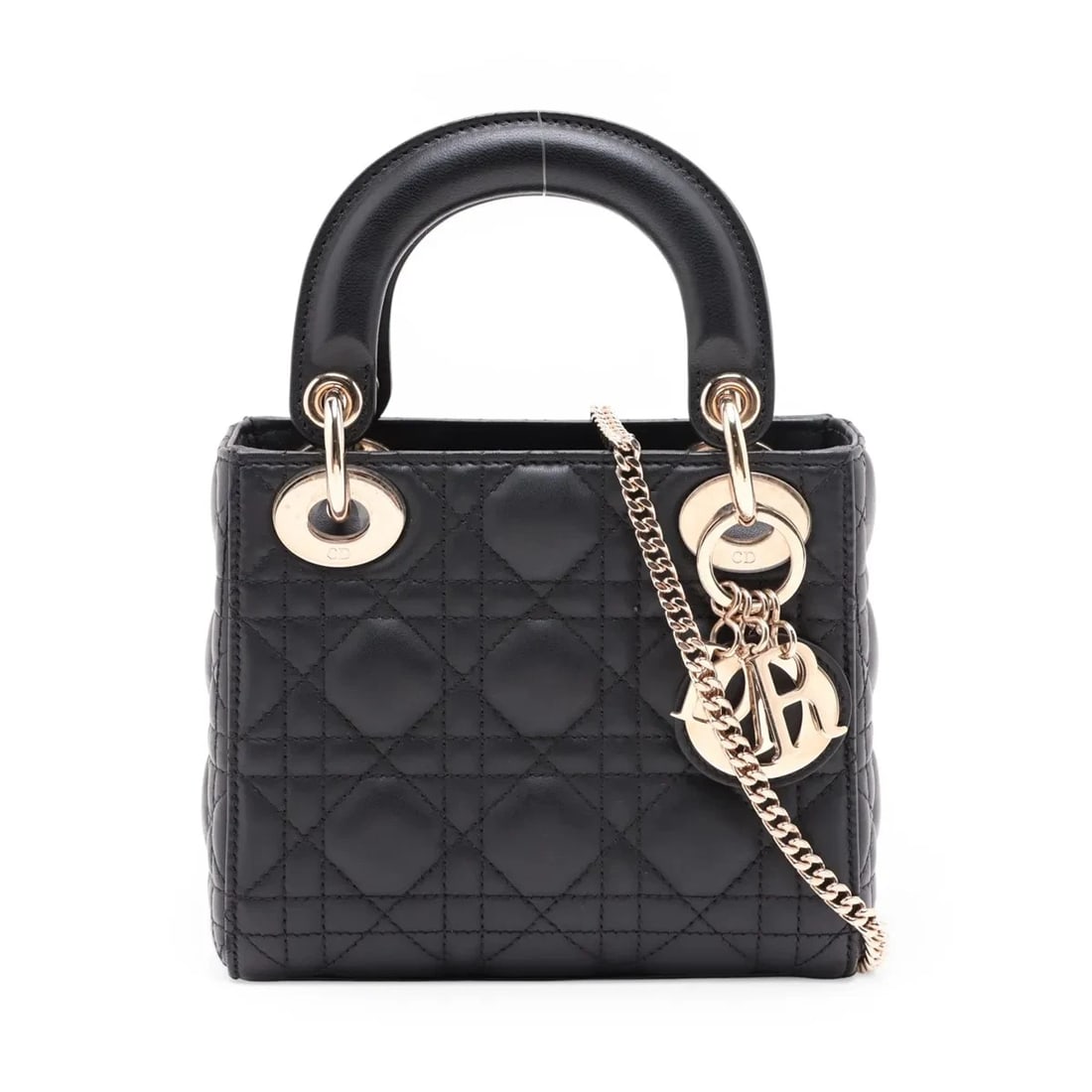 CHRISTIAN DIOR CANNAGE LADY DIOR MINI LEATHER 2 WAY HANDBAG: Christian Dior Cannage Lady Dior Mini Leather 2 Way Handbag Brand: Christian Dior Type/Style: Top Handle Bag Material: leather Color: Black Size: Height:5.5inchLength:6.7inchDepth:2.8inch Accessor