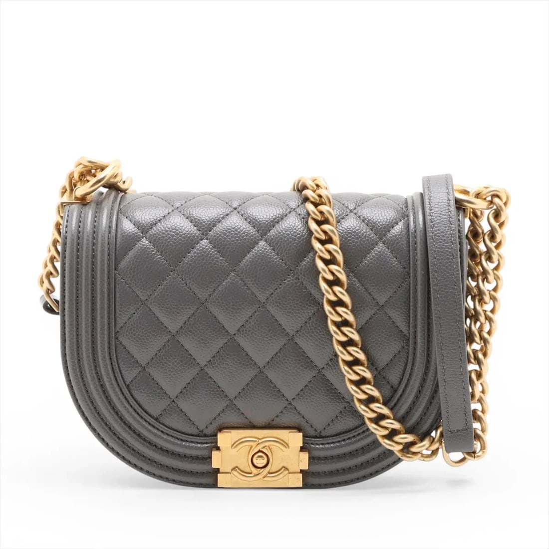 CHANEL BOY CAVIAR SKIN CHAIN SHOULDER BAG: Chanel Boy Caviar Skin Chain Shoulder Bag Brand: Chanel Type/Style: Shoulder Bag Material: Caviar Skin Color: Gray Size: Height:4.9inchLength:7.1inchDepth:2.2inch Accessories: None Accesso