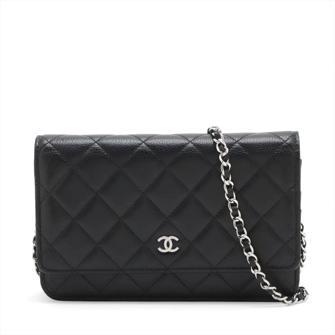 CHANEL MATELASSE CAVIAR SKIN CHAIN WALLET BLACK SILVER METAL: Chanel Matelasse Caviar Skin Chain Wallet Black Silver Metal Brand: Chanel Type/Style: Shoulder Bag Material: Caviar Skin Color: Black Size: Height:4.7inchLength:7.5inchDepth:1.2inch Accessories: