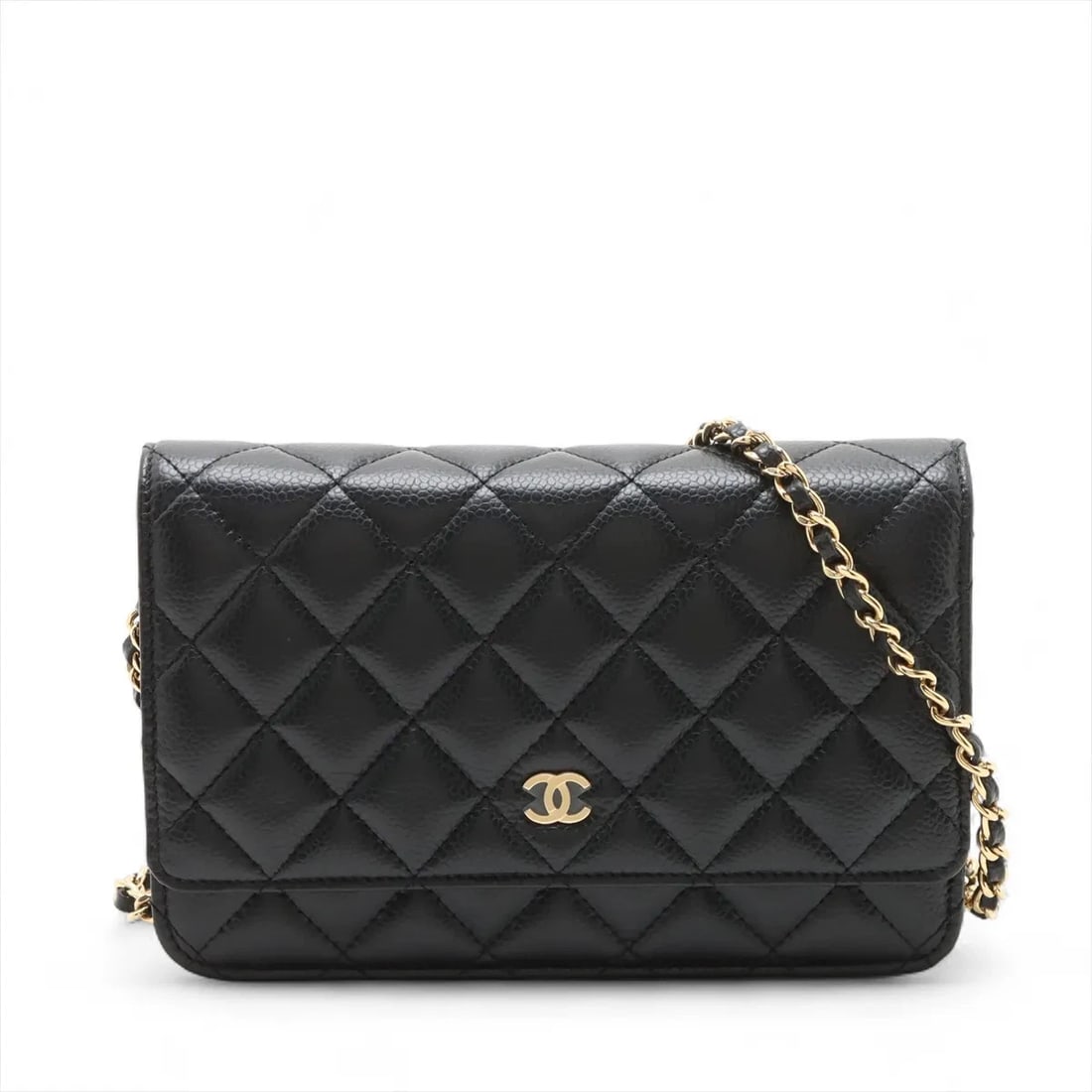 CHANEL MATELASSE CAVIAR SKIN CHAIN WALLET BLACK GOLD METAL: Chanel Matelasse Caviar Skin Chain Wallet Black Gold Metal Brand: Chanel Type/Style: Shoulder Bag Material: Caviar Skin Color: Black Size: Height:4.9inchLength:7.5inchDepth:1.6inch Accessories: No