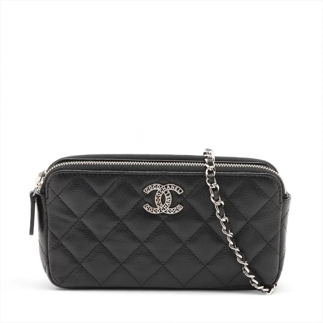 CHANEL MATELASSE CAVIAR SKIN CHAIN WALLET BLACK SILVER METAL: Chanel Matelasse Caviar Skin Chain Wallet Black Silver Metal Brand: Chanel Type/Style: Shoulder Bag Material: Caviar Skin Color: Black Size: Height:3.7inchLength:7.1inchDepth:1.2inch Accessories: