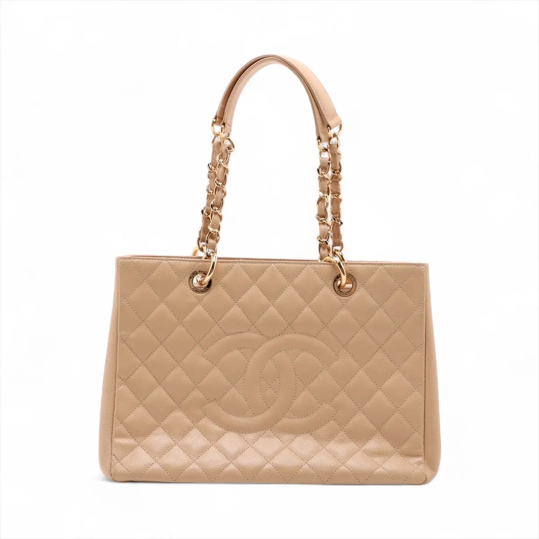 CHANEL CAVIAR SKIN CHAIN TOTE BAG: Chanel Caviar Skin Chain Tote Bag Brand: Chanel Type/Style: Tote Material: Caviar Skin Color: Beige Size: Height:9.4inchLength:13.2inchDepth:5.1inch Accessories: None Accessories Notice: W