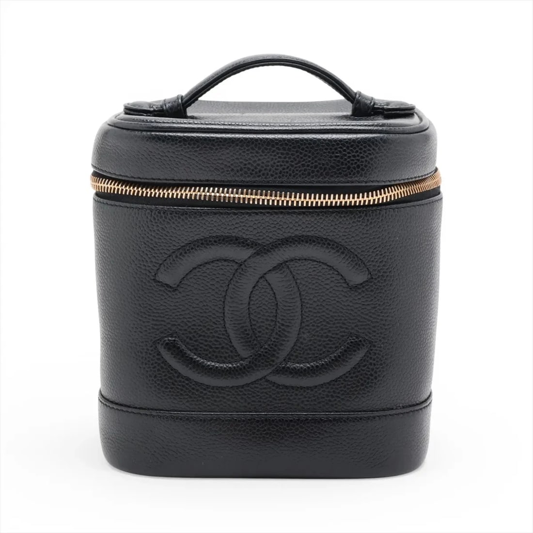 CHANEL COCO MARK CAVIAR SKIN VANITY BAG: Chanel Coco Mark Caviar Skin Vanity bag Brand: Chanel Type/Style: Top Handle Bag Material: Caviar Skin Color: Black Size: Height:6.3inchLength:5.9inchDepth:4.9inch Accessories: None Access