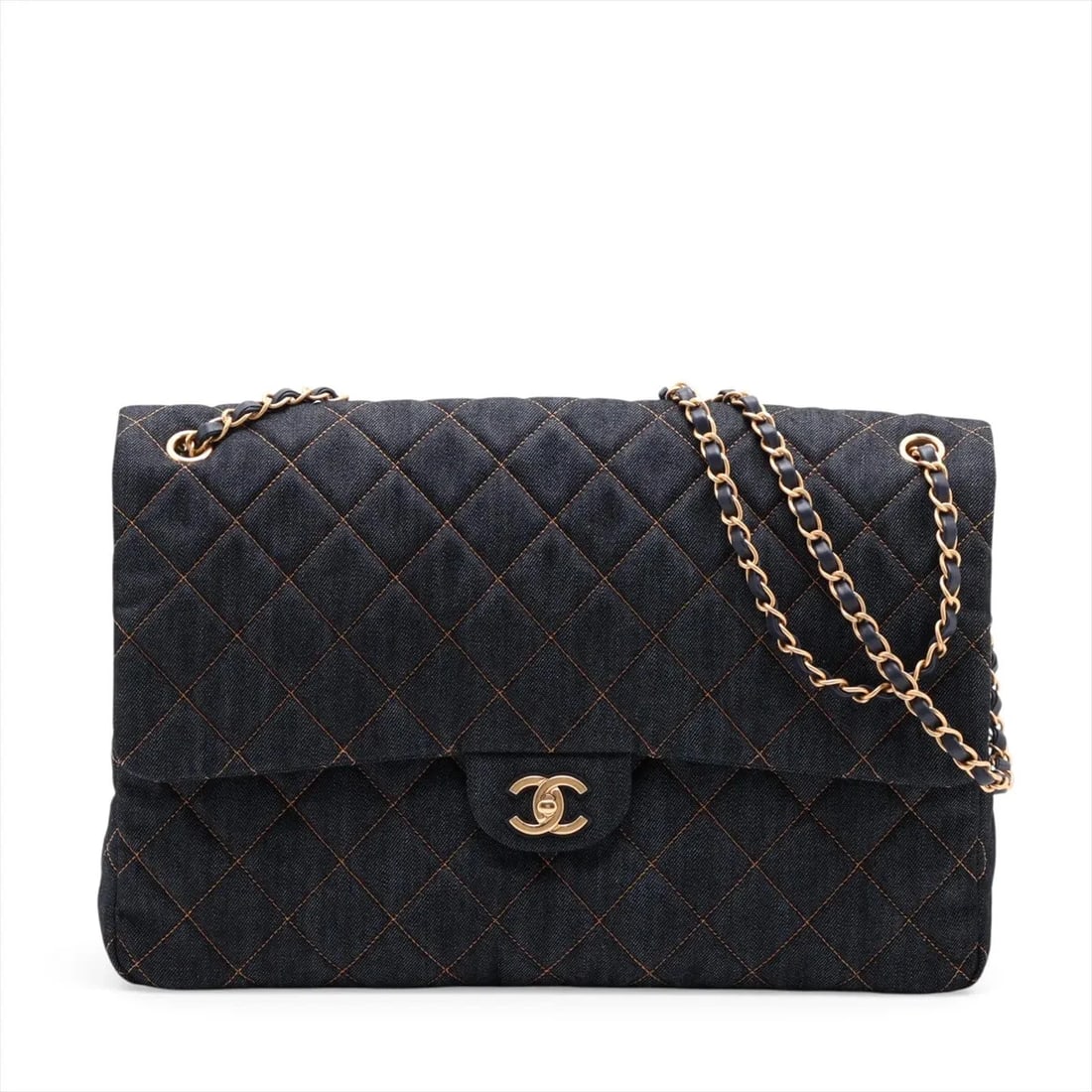 CHANEL BIG MATELASSE DENIM SINGLE FLAP DOUBLE CHAIN BAG: Chanel Big Matelasse Denim Single Flap Double Chain Bag Brand: Chanel Type/Style: Shoulder Bag Material: Denim Color: Navy Blue Size: Height:10.2inchLength:15.4inchDepth:4.3inch Accessories: None