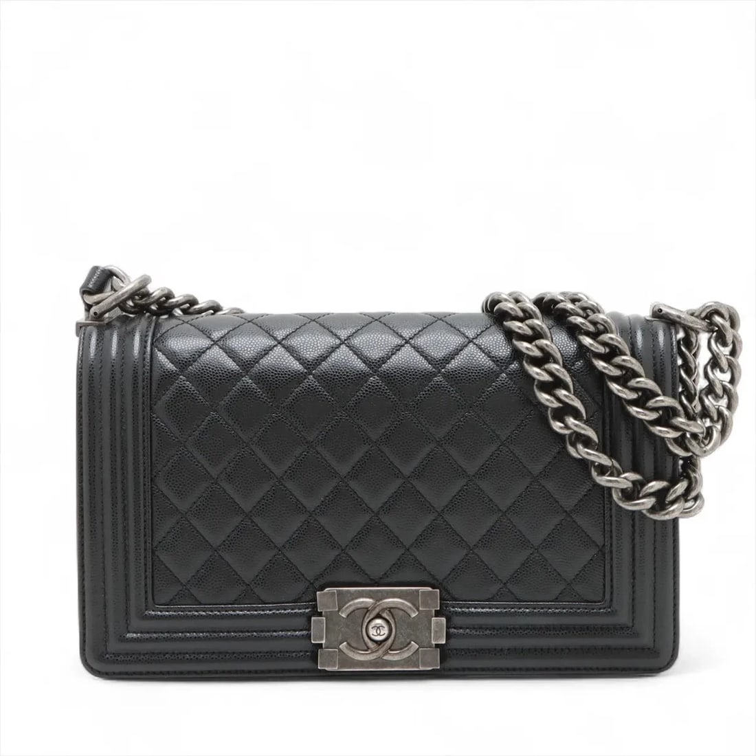 CHANEL BOY 25 CAVIAR SKIN CHAIN SHOULDER BAG: Chanel Boy 25 Caviar Skin Chain Shoulder Bag Brand: Chanel Type/Style: Shoulder Bag Material: Caviar Skin Color: Black Size: Height:5.7inchLength:9.8inchDepth:3.0inch Accessories: None Acc