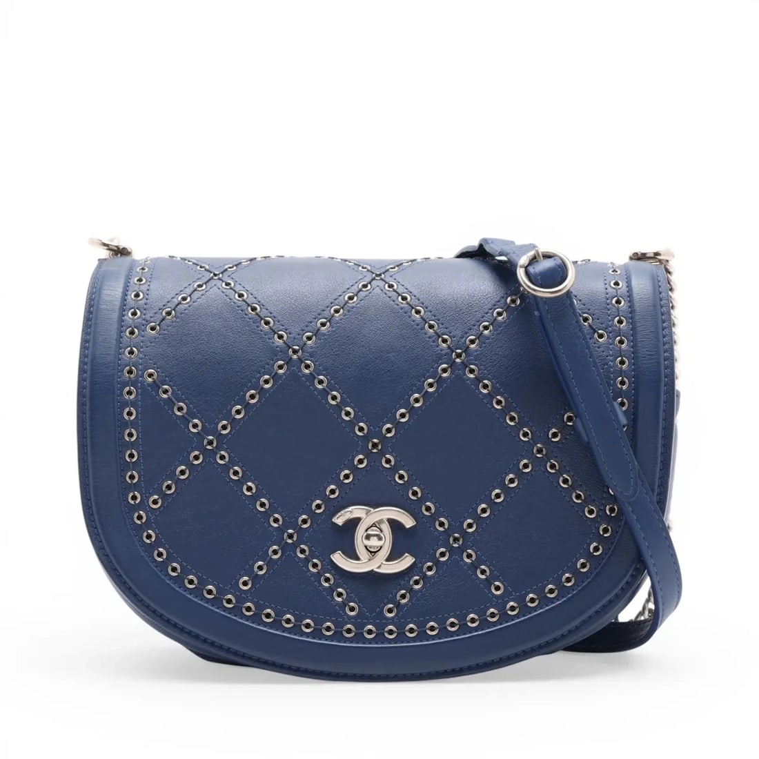 CHANEL COCO EYELETS LEATHER CHAIN SHOULDER BAG: Chanel Coco eyelets Leather Chain Shoulder Bag Brand: Chanel Type/Style: Shoulder Bag Material: Leather Color: Blue Size: Height:6.7inchLength:9.3inchDepth:3.1inch Accessories: None Access