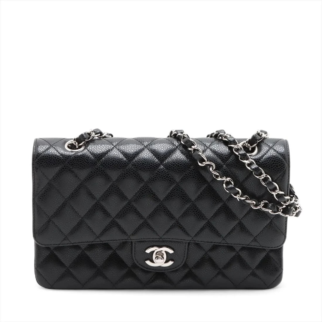 CHANEL MATELASSE 25 GRAINED CALFSKIN DOUBLE CHAIN BAG: Chanel Matelasse 25 Grained Calfskin Double Chain Bag Brand: Chanel Type/Style: Shoulder Bag Material: Caviar Skin Color: Black Size: Height:5.9inchLength:10.0inchDepth:2.4inch Accessories: None <