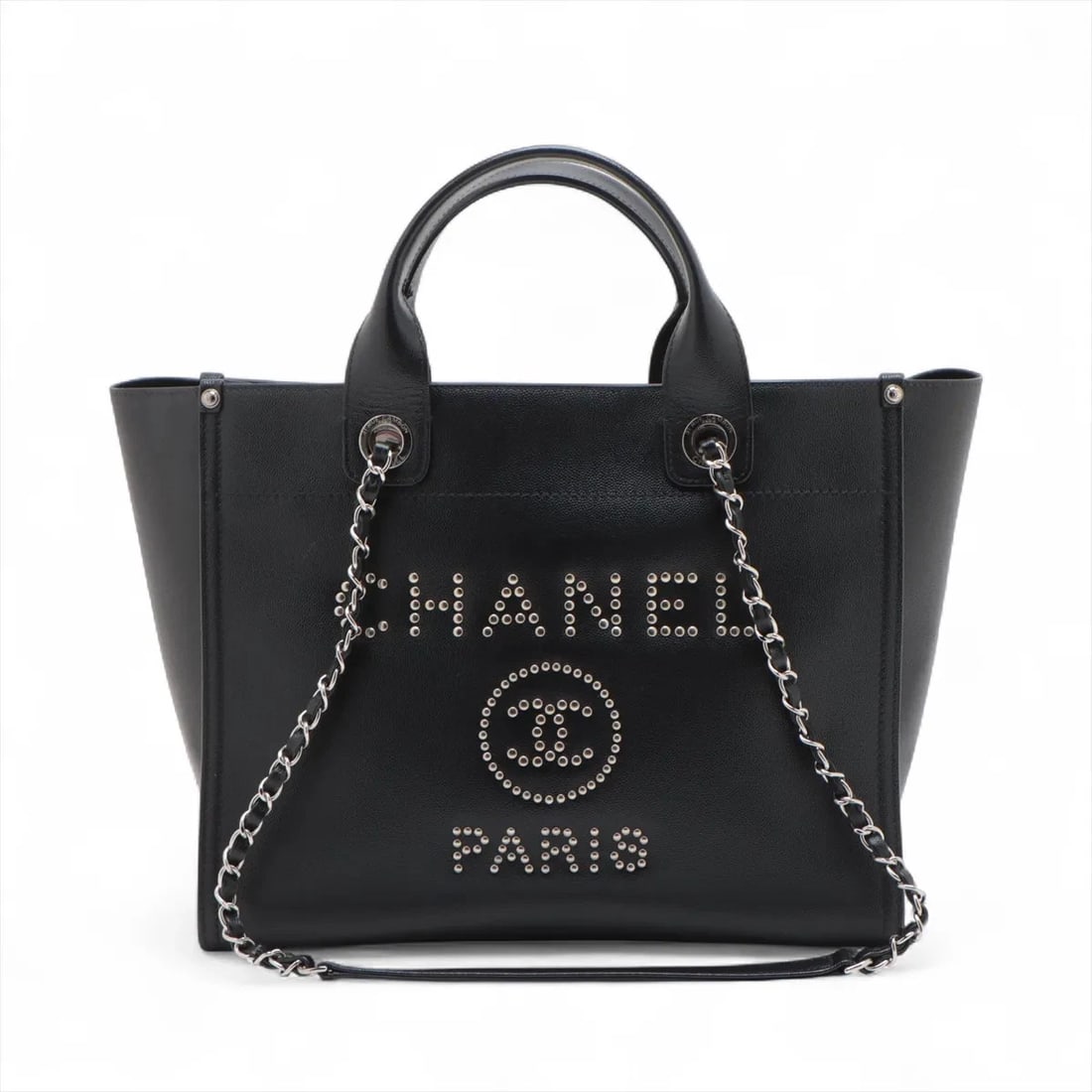 CHANEL DEAUVILLE MM CAVIAR SKIN 2 WAY TOTE BAG: Chanel Deauville MM Caviar Skin 2 Way Tote Bag Brand: Chanel Type/Style: Tote Material: Caviar Skin Color: Black Size: Height:10.6inchLength:13.0inchDepth:6.3inch Accessories: None Accesso