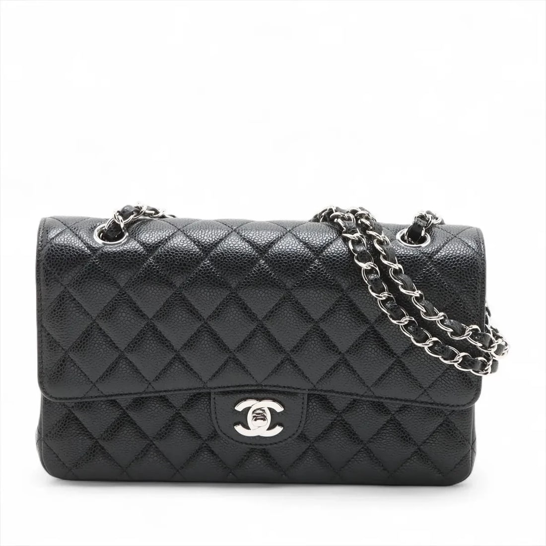 CHANEL MATELASSE 25 CAVIAR SKIN DOUBLE CHAIN BAG: Chanel Matelasse 25 Caviar Skin Double Chain Bag Brand: Chanel Type/Style: Shoulder Bag Material: Caviar Skin Color: Black Size: Height:6.1inchLength:10.0inchDepth:2.6inch Accessories: None