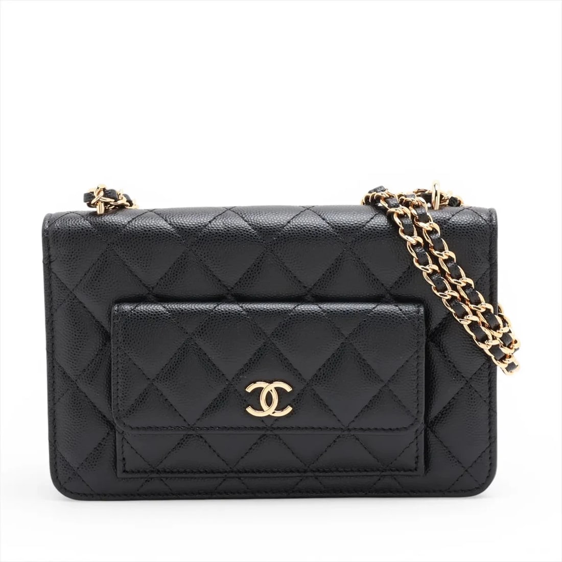 CHANEL MATELASSE CAVIAR SKIN CHAIN WALLET BLACK GOLD METAL: Chanel Matelasse Caviar Skin Chain Wallet Black Gold Metal Brand: Chanel Type/Style: Shoulder Bag Material: Caviar Skin Color: Black Size: Height:4.9inchLength:7.5inchDepth:1.8inch Accessories: None