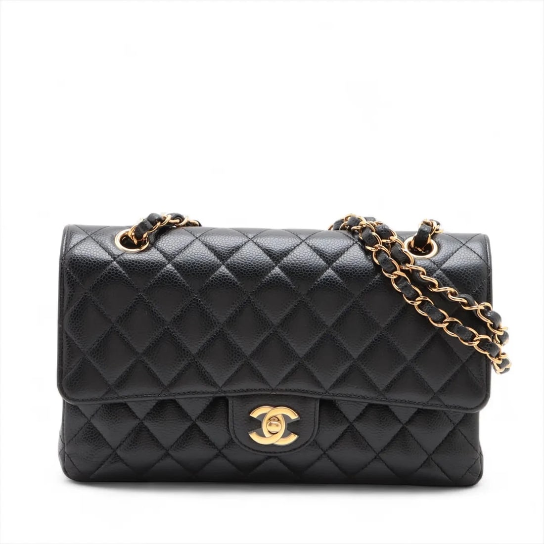 CHANEL MATELASSE 25 CAVIAR SKIN DOUBLE CHAIN BAG: Chanel Matelasse 25 Caviar Skin Double Chain Bag Brand: Chanel Type/Style: Shoulder Bag Material: Caviar Skin Color: Black Size: Height:5.9inchLength:9.8inchDepth:2.6inch Accessories: None