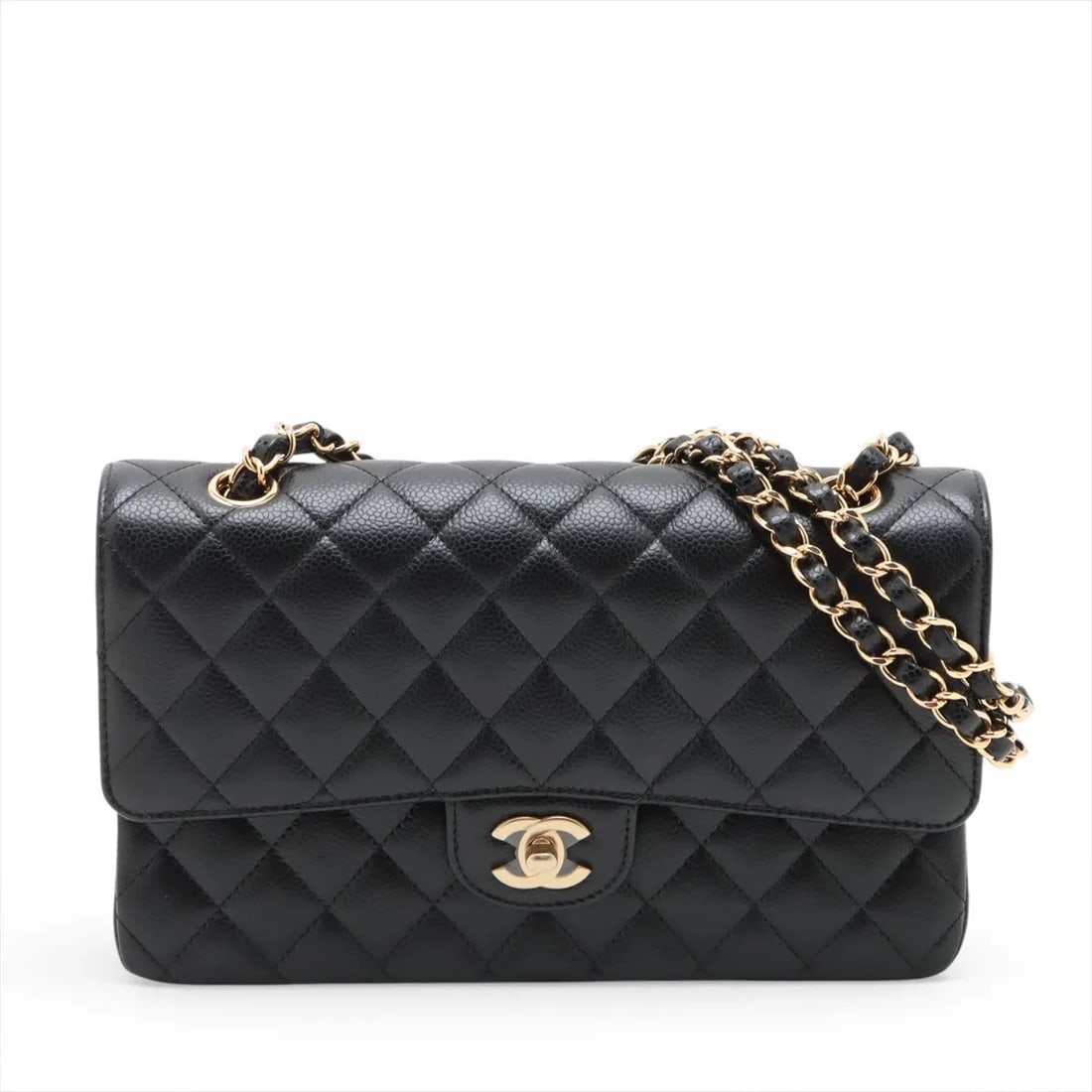 CHANEL MATELASSE 25 CAVIAR SKIN DOUBLE CHAIN BAG: Chanel Matelasse 25 Caviar Skin Double Chain Bag Brand: Chanel Type/Style: Shoulder Bag Material: Caviar Skin Color: Black Size: Height:5.9inchLength:9.8inchDepth:2.6inch Accessories: None