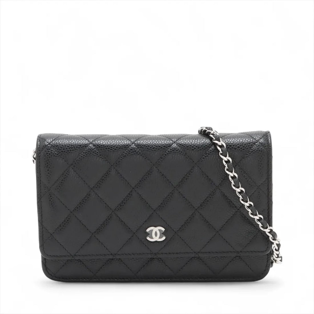 CHANEL MATELASSE CAVIAR SKIN CHAIN WALLET BLACK SILVER METAL: Chanel Matelasse Caviar Skin Chain Wallet Black Silver Metal Brand: Chanel Type/Style: Shoulder Bag Material: Caviar Skin Color: Black Size: Height:4.7inchLength:7.5inchDepth:1.0inch Accessories: