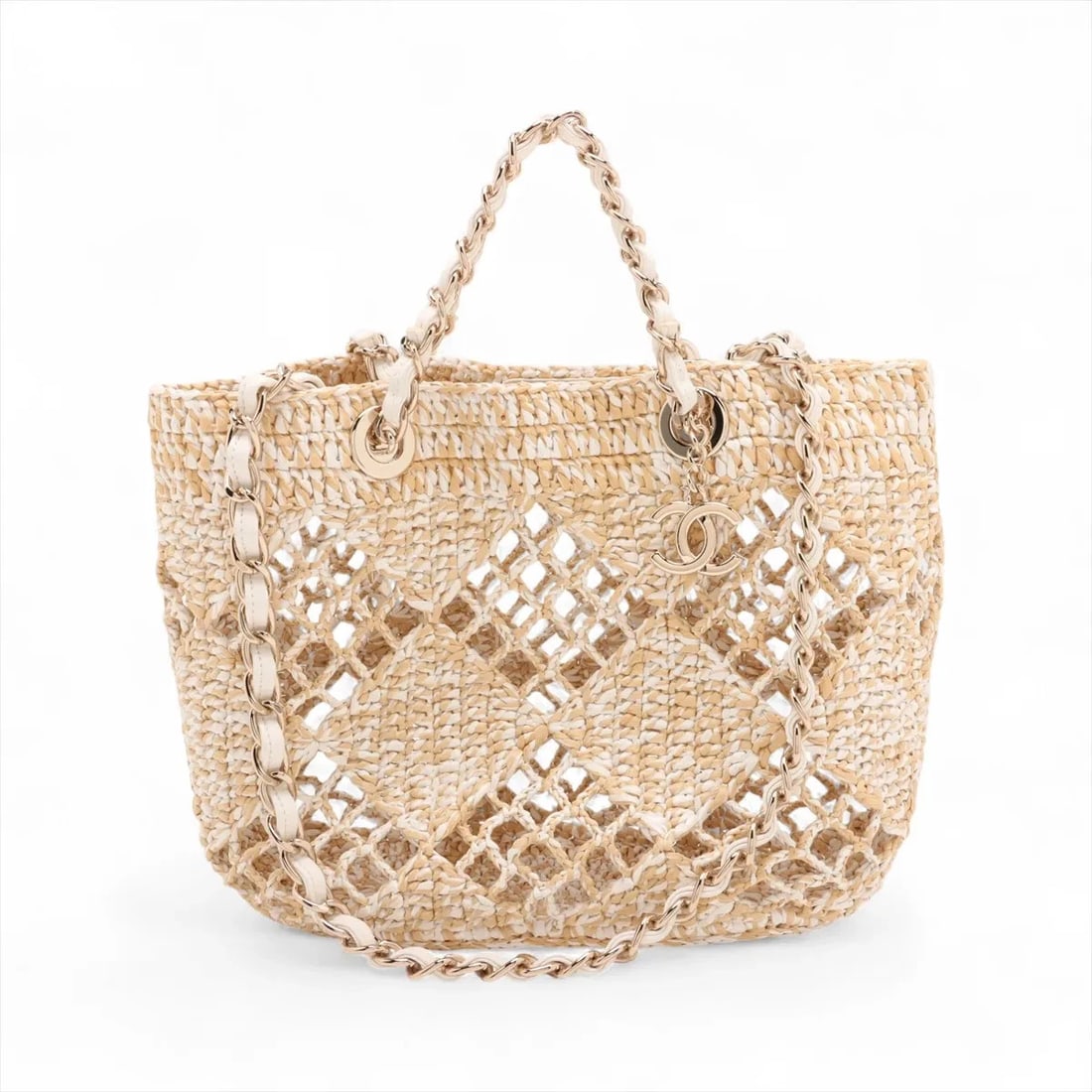 CHANEL SMALL SHOPPING BAG RAFFIA X LEATHER CHAIN TOTE BAG: Chanel Small Shopping Bag raffia x leather Chain Tote Bag Brand: Chanel Type/Style: Tote Material: Raffia x leather Color: Beige x white Size: Height:8.9inchLength:8.7inchDepth:4.1inch Accessories