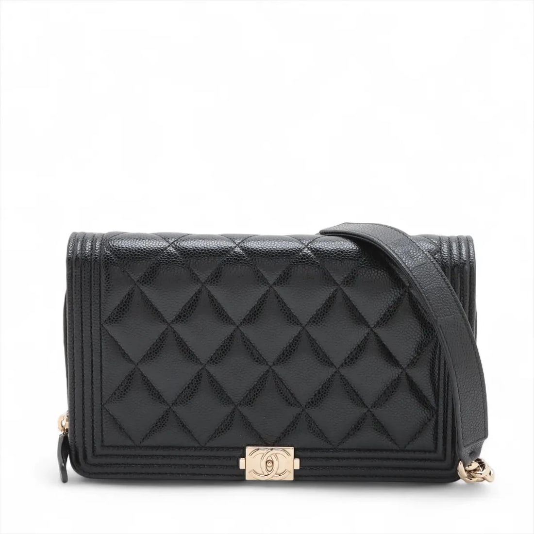 CHANEL BOY CAVIAR SKIN CHAIN WALLET PHONE POUCH: Chanel Boy Caviar Skin Chain Wallet Phone Pouch Brand: Chanel Type/Style: Shoulder Bag Material: Caviar Skin Color: Black Size: Height:4.7inchLength:7.7inchDepth:1.6inch Accessories: None Accessories