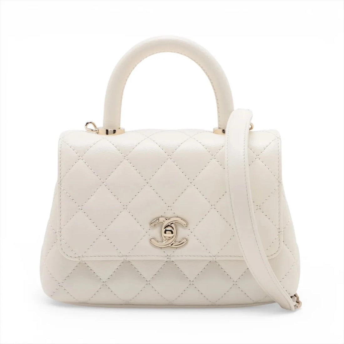 CHANEL COCO HANDLE 19 XXS CAVIAR SKIN 2 WAY HANDBAG: Chanel Coco handle 19 XXS Caviar Skin 2 Way Handbag Brand: Chanel Type/Style: Top Handle Bag Material: Caviar Skin Color: White Size: Height:5.3inchLength:7.3inchDepth:3.3inch Accessories: None