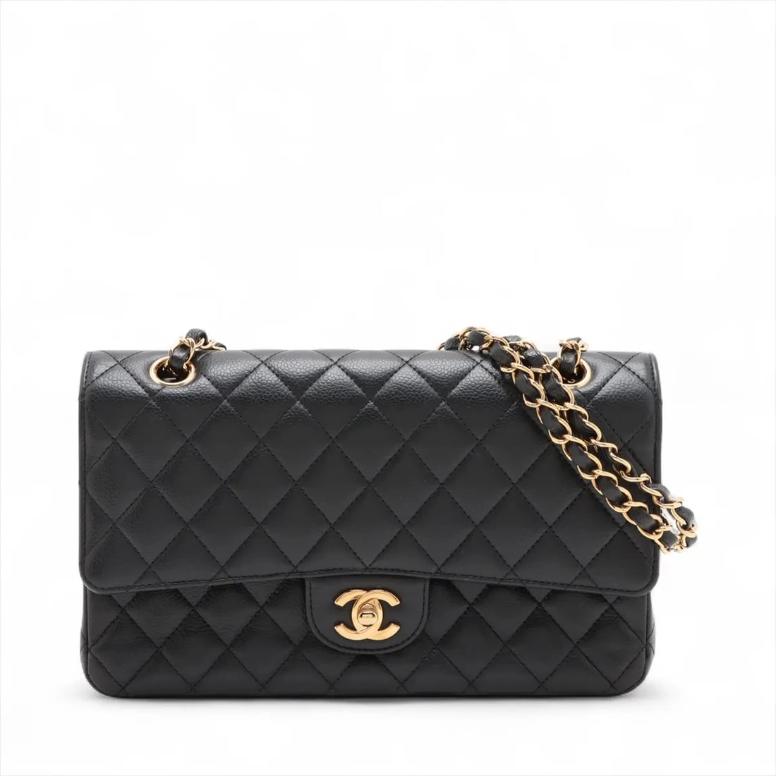 CHANEL MATELASSE 25 CAVIAR SKIN DOUBLE FLAP DOUBLE CHAIN BAG: Chanel Matelasse 25 Caviar Skin Double Flap Double Chain Bag Brand: Chanel Type/Style: Shoulder Bag Material: Caviar Skin Color: Black Size: Height:6.1inchLength:10.0inchDepth:2.6inch Accessories: