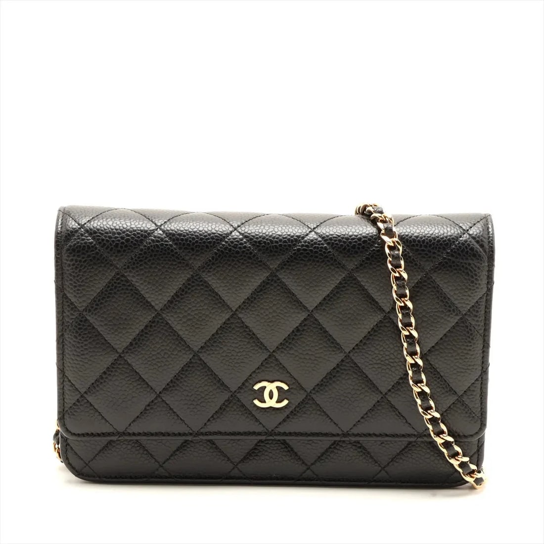 CHANEL MATELASSE CAVIAR SKIN CHAIN WALLET BLACK GOLD METAL FITTINGS: Chanel Matelasse Caviar Skin Chain Wallet Black Gold Metal Fittings Brand: Chanel Type/Style: Shoulder Bag Material: Caviar Skin Color: Black Size: Height:4.9inchLength:7.5inchDepth:1.8inch