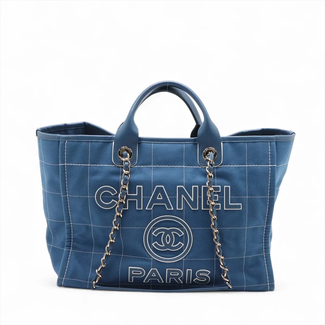 CHANEL DEAUVILLE GM CANVAS X LEATHER 2 WAY TOTE BAG: Chanel Deauville GM canvas x leather 2 Way Tote Bag Brand: Chanel Type/Style: Tote Material: Canvas & Leather Color: Blue Size: Height:10.2inchLength:15.0inchDepth:6.7inch Accessories: None