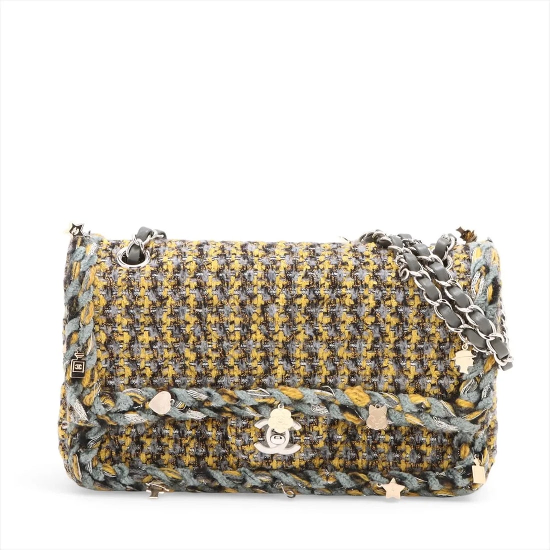 CHANEL MATELASSE 25 TWEED DOUBLE FLAP DOUBLE CHAIN BAG: Chanel Matelasse 25 Tweed Double Flap Double Chain Bag Brand: Chanel Type/Style: Shoulder Bag Material: Tweed Color: Yellow x gray Size: Height:5.9inchLength:9.8inchDepth:2.8inch Accessories: None