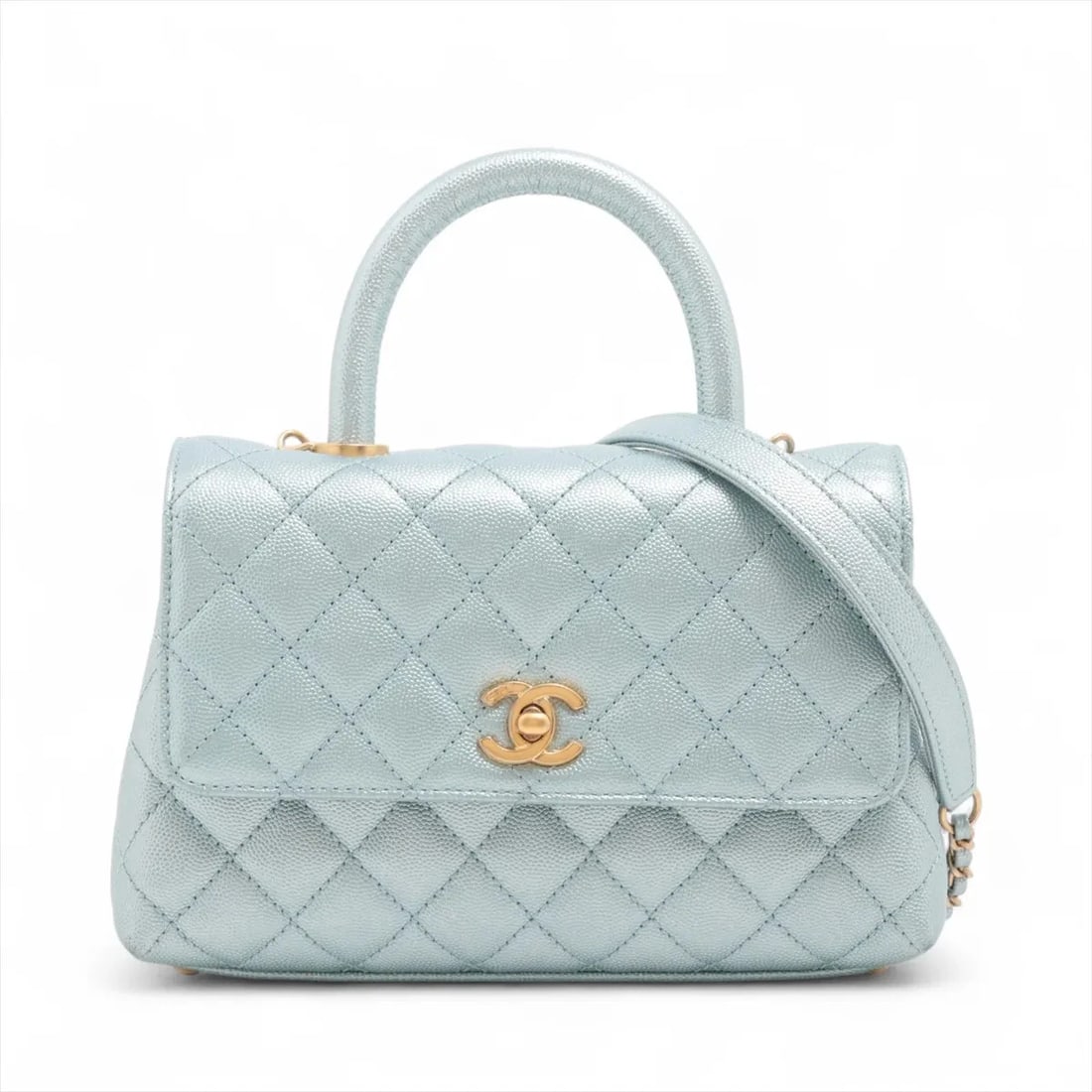 CHANEL COCO HANDLE 24 XS CAVIAR SKIN 2 WAY HANDBAG: Chanel Coco handle 24 XS Caviar Skin 2 Way Handbag Brand: Chanel Type/Style: Top Handle Bag Material: Caviar Skin Color: Blue Size: Height:5.7inchLength:8.7inchDepth:3.5inch Accessories: None