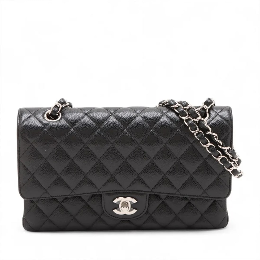 CHANEL MATELASSE 25 CAVIAR SKIN DOUBLE CHAIN BAG: Chanel Matelasse 25 Caviar Skin Double Chain Bag Brand: Chanel Type/Style: Shoulder Bag Material: Caviar Skin Color: Black Size: Height:6.1inchLength:9.8inchDepth:2.6inch Accessories: None
