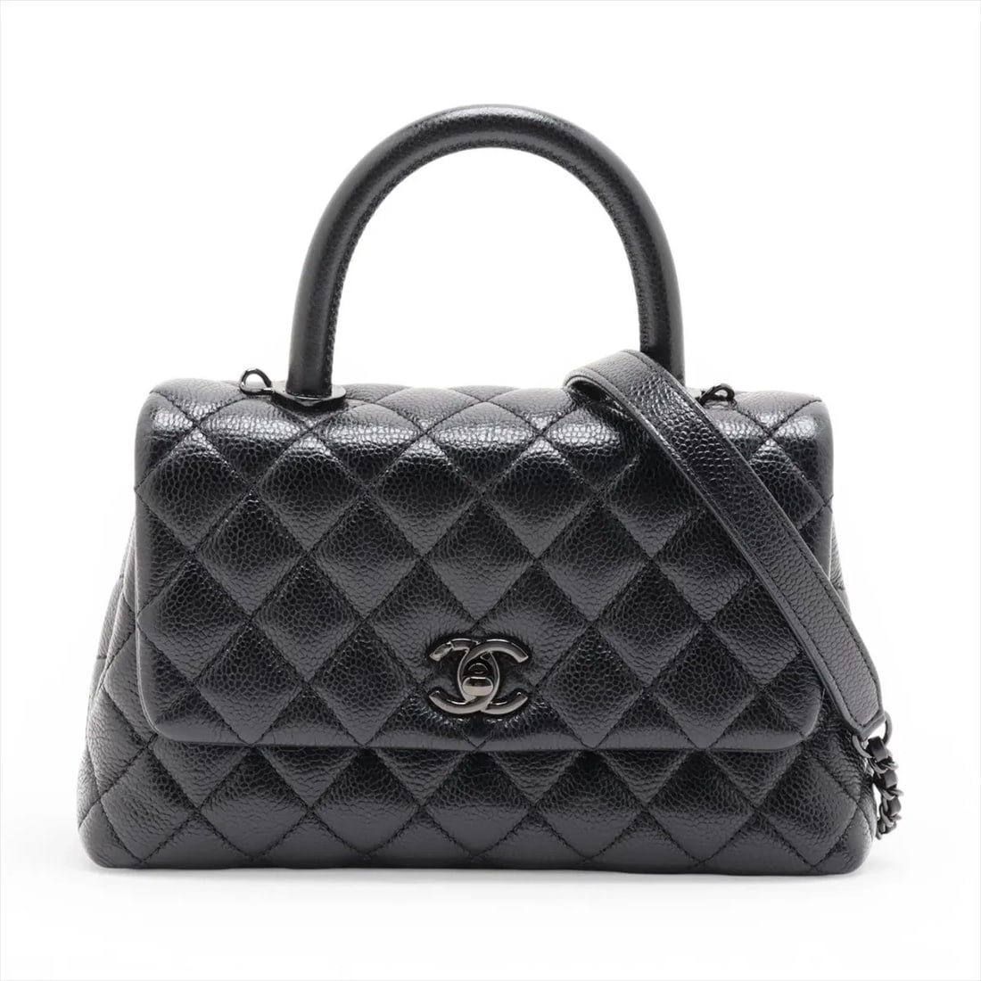 CHANEL COCO HANDLE 24 XS CAVIAR SKIN 2 WAY HANDBAG: Chanel Coco handle 24 XS Caviar Skin 2 Way Handbag Brand: Chanel Type/Style: Top Handle Bag Material: Caviar Skin Color: Black Size: Height:5.3inchLength:8.9inchDepth:3.5inch Accessories: None
