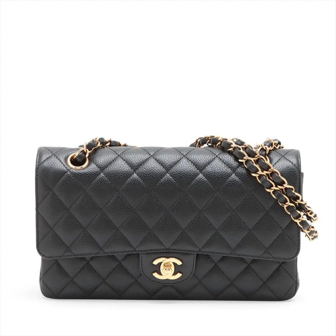 CHANEL MATELASSE 25 CAVIAR SKIN DOUBLE CHAIN BAG: Chanel Matelasse 25 Caviar Skin Double Chain Bag Brand: Chanel Type/Style: Shoulder Bag Material: Caviar Skin Color: Black Size: Height:5.9inchLength:10.0inchDepth:2.4inch Accessories: None