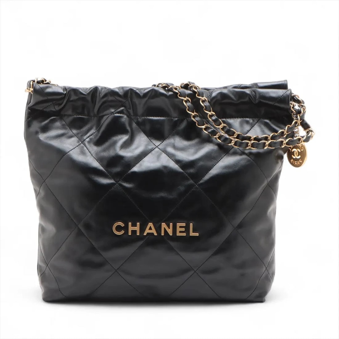 CHANEL 22 SMALL SHINY CALFSKIN CHAIN SHOULDER BAG: Chanel 22 Small shiny calfskin Chain Shoulder Bag Brand: Chanel Type/Style: Shoulder Bag Material: shiny calfskin Color: Black Size: Height:12.2inchLength:11.8inchDepth:3.0inch Accessories: None <