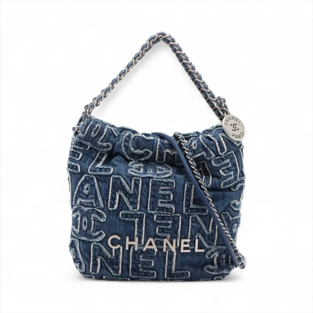 CHANEL 22 MINI DENIM CHAIN SHOULDER BAG: Chanel 22 Mini Denim Chain Shoulder Bag Brand: Chanel Type/Style: Shoulder Bag Material: Denim Color: Blue Size: Height:7.5inchLength:6.9inchDepth:2.6inch Accessories: None Accessories Not