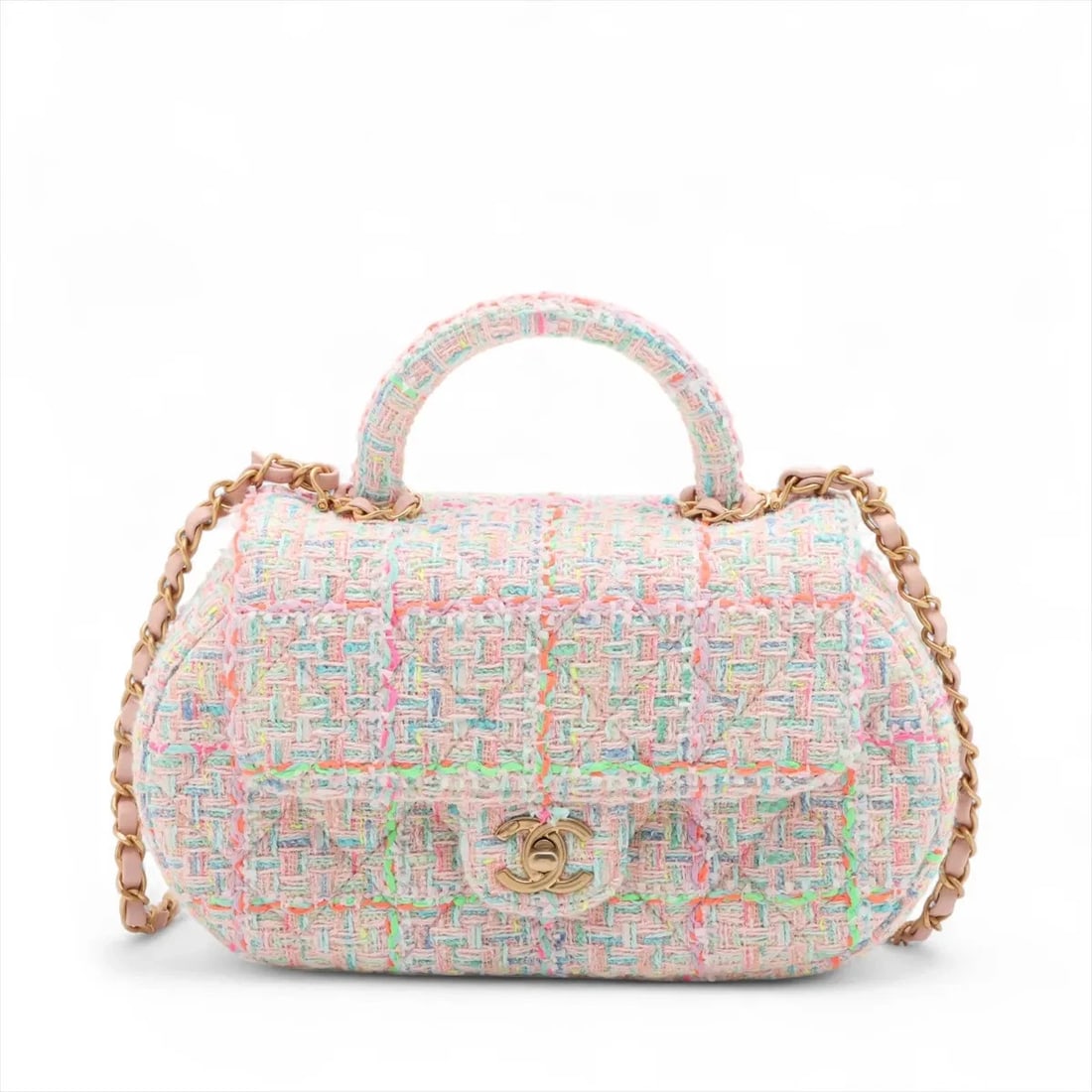 CHANEL MATELASSE TWEED 2 WAY HANDBAG PINK GOLD METAL: Chanel Matelasse Tweed 2 Way Handbag Pink Gold Metal Brand: Chanel Type/Style: Top Handle Bag Material: Tweed Color: Pink Size: Height:5.3inchLength:9.4inchDepth:2.0inch Accessories: None