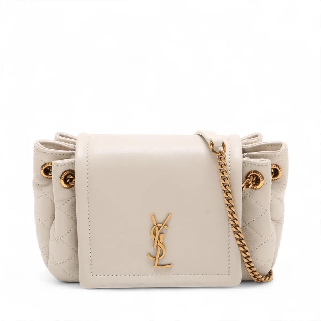 SAINT LAURENT PARIS MINI NOLITA LEATHER CHAIN SHOULDER BAG: Saint Laurent Paris Mini Nolita Leather Chain Shoulder Bag Brand: Saint Laurent Paris Type/Style: Shoulder Bag Material: Leather Color: White Size: Height:4.5inchLength:6.7inchDepth:1.8inch Access