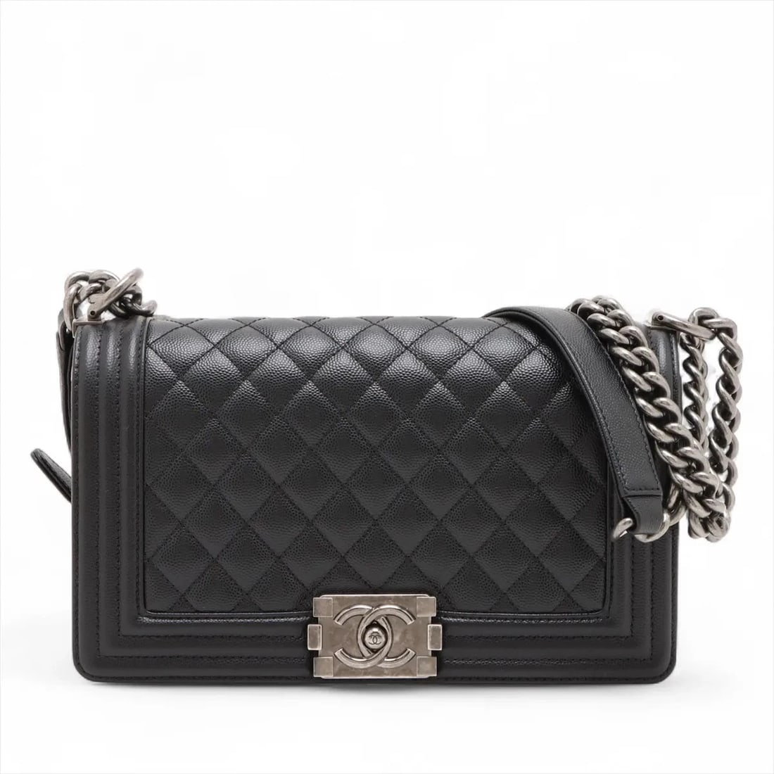 CHANEL BOY 25 CAVIAR SKIN CHAIN SHOULDER BAG: Chanel Boy 25 Caviar Skin Chain Shoulder Bag Brand: Chanel Type/Style: Shoulder Bag Material: Caviar Skin Color: Black Size: Height:5.7inchLength:9.8inchDepth:3.0inch Accessories: None Acc