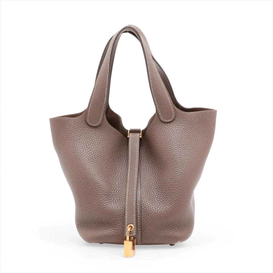 HERMES PICOTIN LOCK 18 PM TAURILLON CLEMENCE ETOUPE GOLD METAL: Hermes Picotin Lock 18 PM Taurillon Clemence Etoupe Gold Metal Brand: Hermes Type/Style: Top Handle Bag Material: Taurillon Clemence Color: Etoupe Size: Height:7.5inchLength:7.1inchDepth:5.1inch A