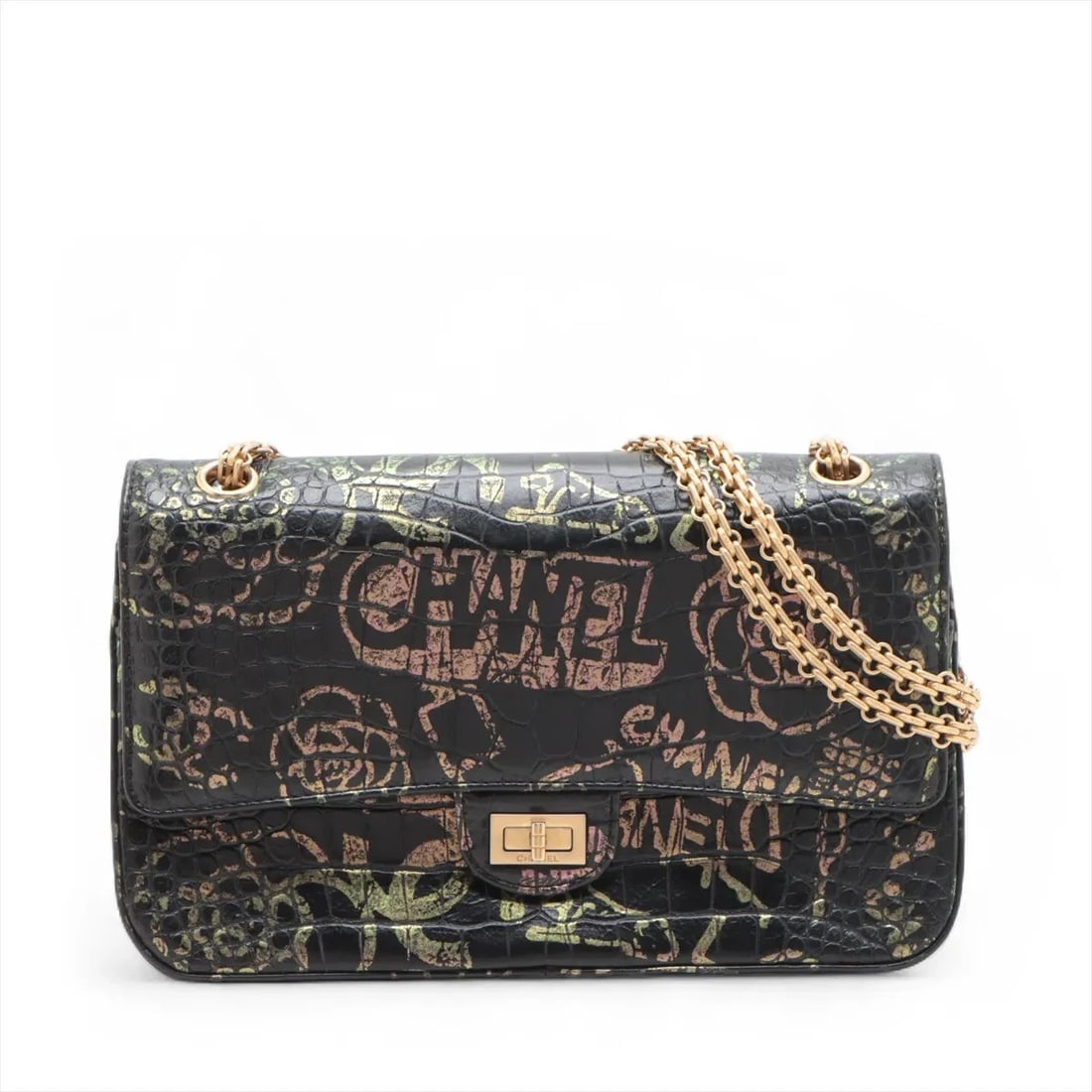 CHANEL 2.55 MOCK CROC DOUBLE FLAP DOUBLE CHAIN BAG: Chanel 2.55 Mock Croc Double Flap Double Chain Bag Brand: Chanel Type/Style: Shoulder Bag Material: Mock Croc Color: Black Size: Height:6.9inchLength:11.0inchDepth:3.1inch Accessories: None