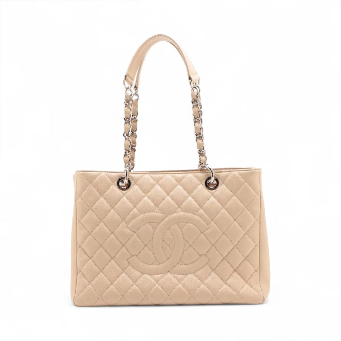 CHANEL CAVIAR SKIN CHAIN TOTE BAG: Chanel Caviar Skin Chain Tote Bag Brand: Chanel Type/Style: Tote Material: Caviar Skin Color: Beige Size: Height:9.4inchLength:13.2inchDepth:4.9inch Accessories: None Accessories Notice: W