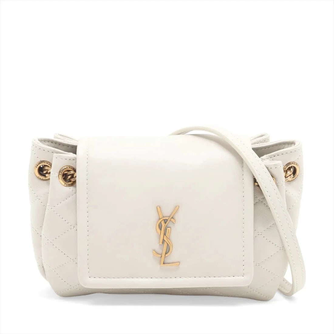 SAINT LAURENT PARIS MINI NOLITA LEATHER CHAIN SHOULDER BAG: Saint Laurent Paris Mini Nolita Leather Chain Shoulder Bag Brand: Saint Laurent Paris Type/Style: Shoulder Bag Material: Leather Color: White Size: Height:4.7inchLength:6.1inchDepth:1.6inch