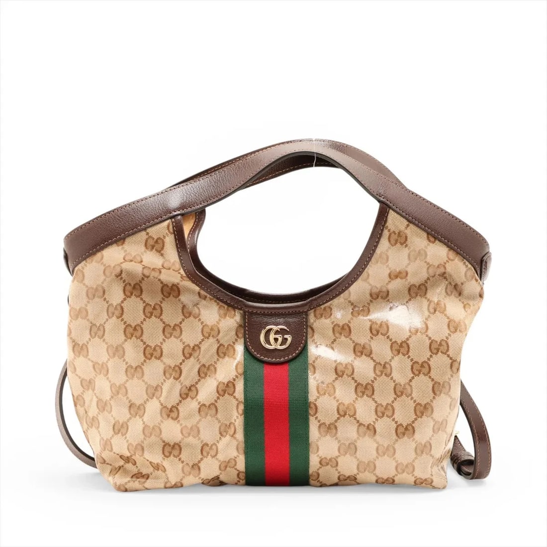 GUCCI GG CRYSTAL GIGLIO SMALL PVC & LEATHER 2 WAY HANDBAG: Gucci GG Crystal Giglio Small PVC & leather 2 Way Handbag Brand: Gucci Type/Style: Top Handle Bag Material: PVC & leather Color: Brown Size: Height:9.1inchLength:10.2inchDepth:5.5inch Accessories: