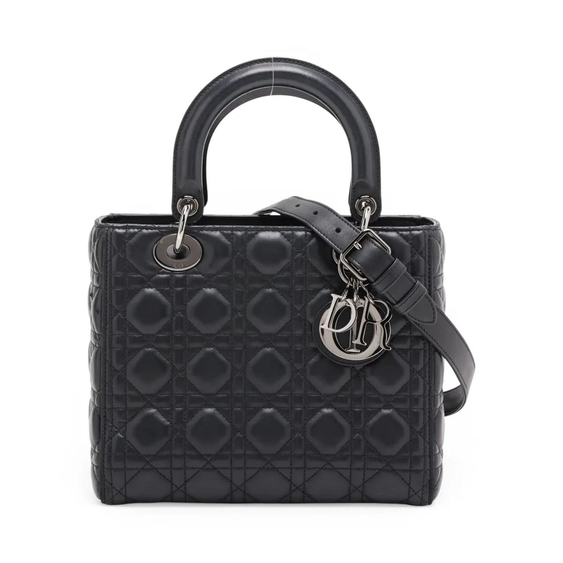 CHRISTIAN DIOR CANNAGE LADY DIOR LEATHER 2 WAY HANDBAG BLACK: Christian Dior Cannage Lady Dior Leather 2 Way Handbag Black Brand: Christian Dior Type/Style: Top Handle Bag Material: Leather Color: Black Size: Height:7.9inchLength:9.3inchDepth:4.7inch Accesso