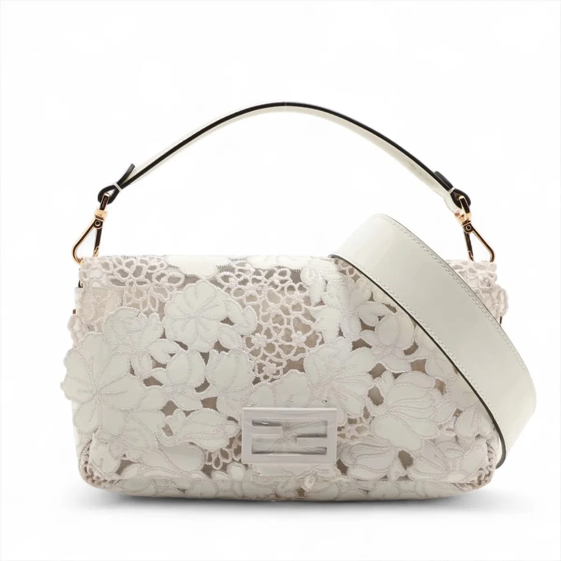 FENDI MAMMA BAGUETTE PATENT LEATHER X MESH 2 WAY HANDBAG: Fendi Mamma Baguette Patent leather x mesh 2 Way Handbag Brand: Fendi Type/Style: Shoulder Bag Material: Patent leather x mesh Color: White Size: Height:6.7inchLength:10.6inchDepth:2.2inch Accesso
