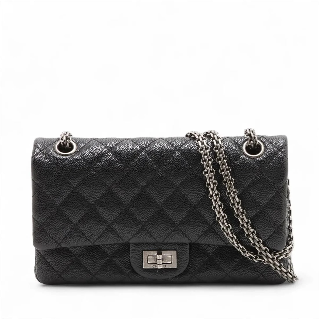 CHANEL MATELASSE GRAINED CALFSKIN DOUBLE CHAIN BAG: Chanel Matelasse Grained Calfskin Double Chain Bag Brand: Chanel Type/Style: Shoulder Bag Material: Caviar Skin Color: Black Size: Height:5.9inchLength:9.6inchDepth:3.0inch Accessories: None <