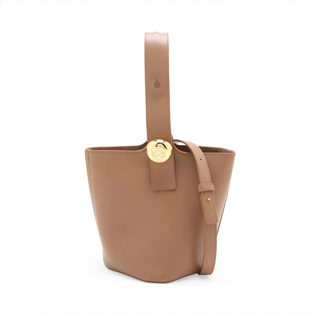LOEWE ANAGRAM PEBBLE BUCKETS MINI LEATHER 2 WAY HANDBAG: Loewe Anagram pebble buckets Mini Leather 2 Way Handbag Brand: Loewe Type/Style: Top Handle Bag Material: Leather Color: Brown Size: Height:7.5inchLength:6.3inchDepth:5.9inch Accessories: None