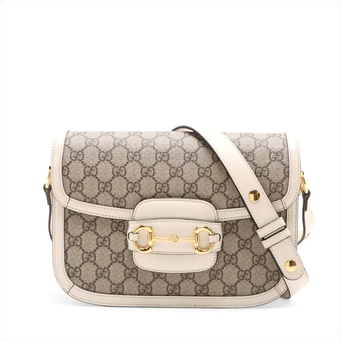GUCCI GG SUPREME HORSEBIT PVC & LEATHER SHOULDER BAG: Gucci GG Supreme Horsebit PVC & leather Shoulder bag Brand: Gucci Type/Style: Shoulder Bag Material: PVC & leather Color: Beige Size: Height:7.1inchLength:10.0inchDepth:2.8inch Accessories: None <