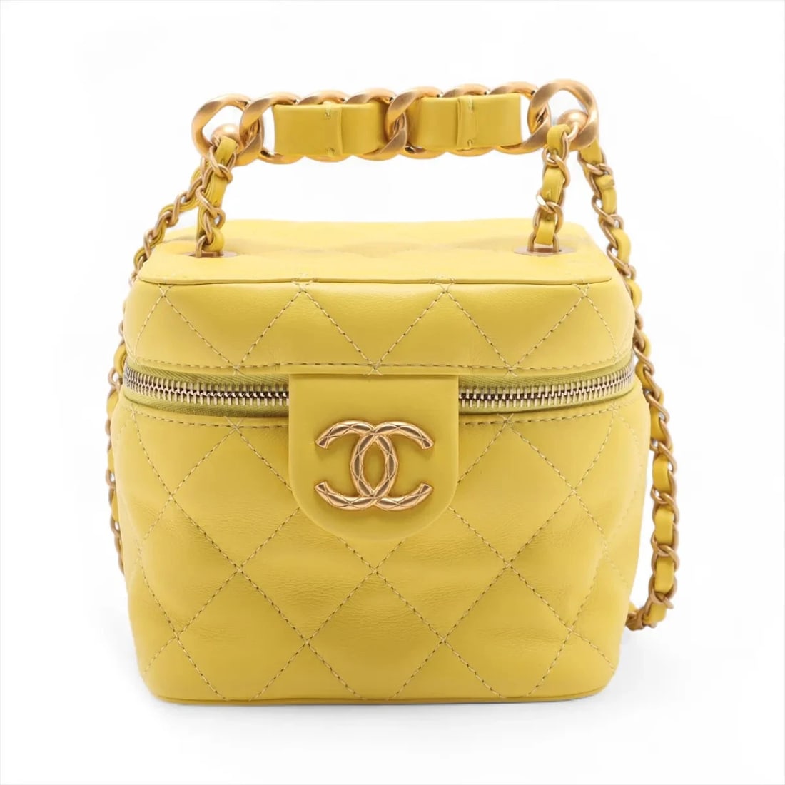 CHANEL MATELASSE LAMBSKIN 2 WAY SHOULDER BAG: Chanel Matelasse Lambskin 2 Way Shoulder Bag Brand: Chanel Type/Style: Shoulder Bag Material: Lambskin Color: Yellow Size: Height:5.1inchLength:5.5inchDepth:5.5inch Accessories: None Acces