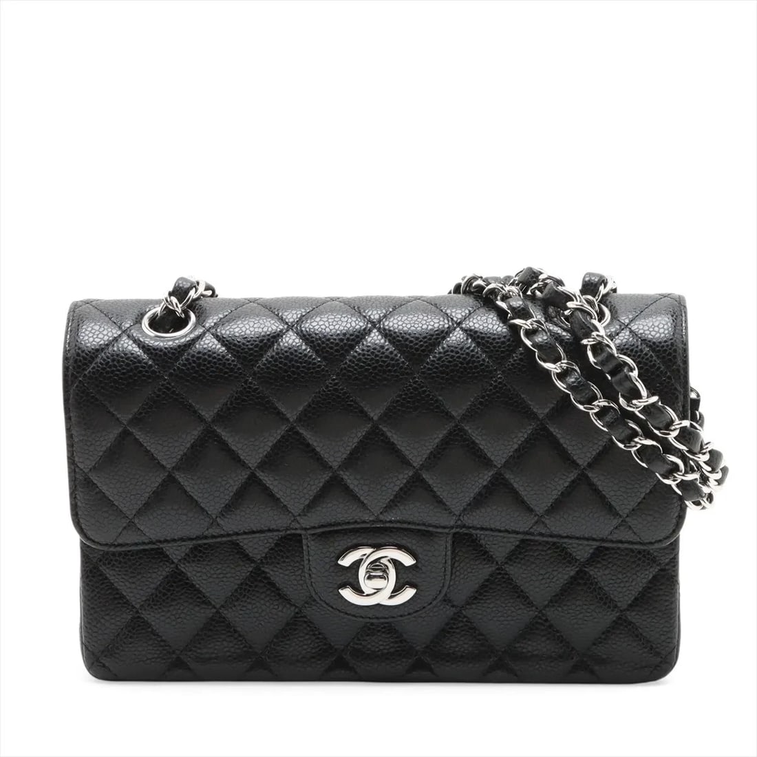 CHANEL MATELASSE 23 SMALL CAVIAR SKIN DOUBLE CHAIN BAG: Chanel Matelasse 23 Small Caviar Skin Double Chain Bag Brand: Chanel Type/Style: Shoulder Bag Material: Caviar Skin Color: Black Size: Height:5.7inchLength:8.9inchDepth:2.4inch Accessories: None <